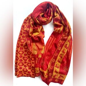 70% Baby Alpaca, Silk Kuna Red and Gold Orange Shawl Wrap Scarf, 80”x27.5”